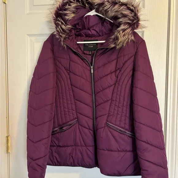 Celebrity Pink Women's Plum Puffer Coat with Faux Fur Hood - Picture 1 of 4